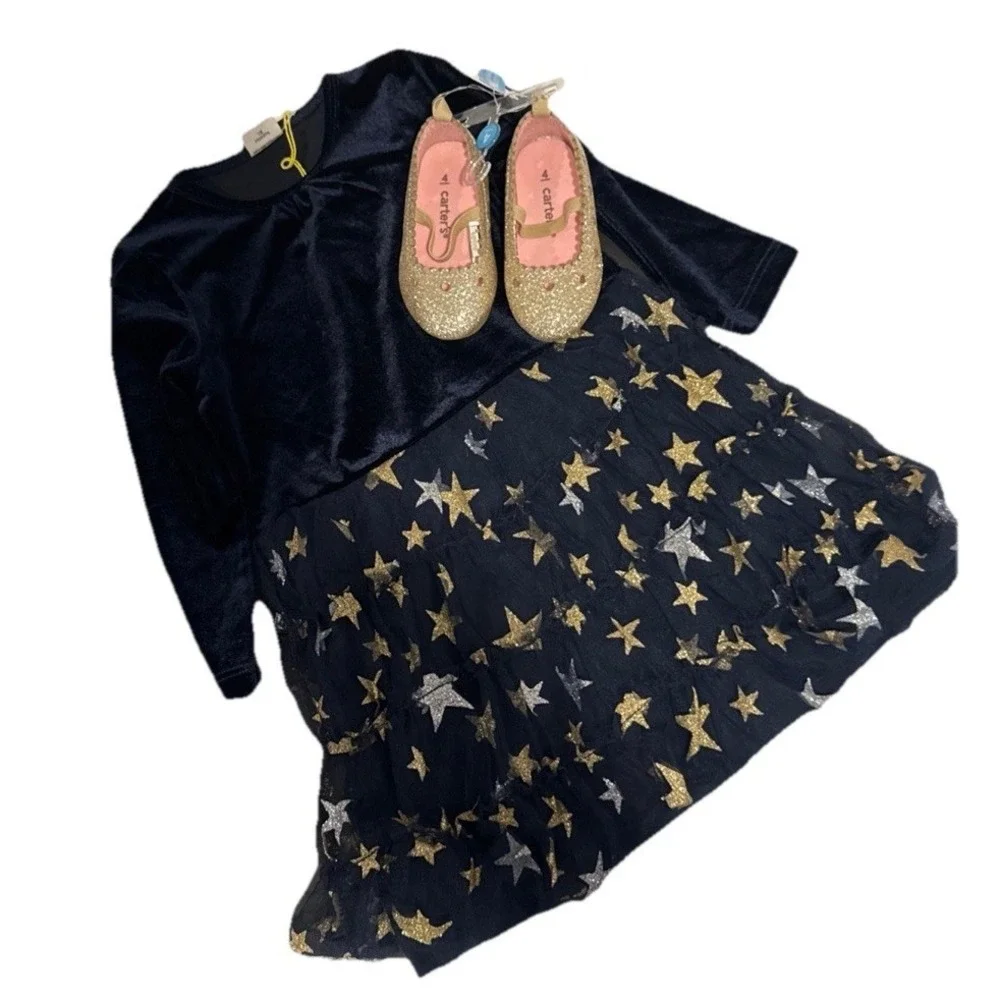 EGG Toddler Navy Blue & Gold Stars 18M Dress Carter's Gold Slip On‎ Shoes Size 4